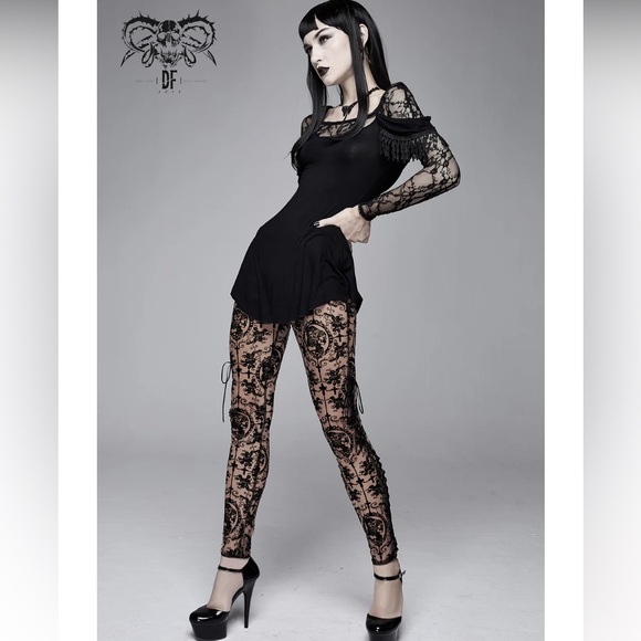 😈Devil Fashion “Bathory” Gothic Patterned Mesh Leggings - Picture 5 of 14